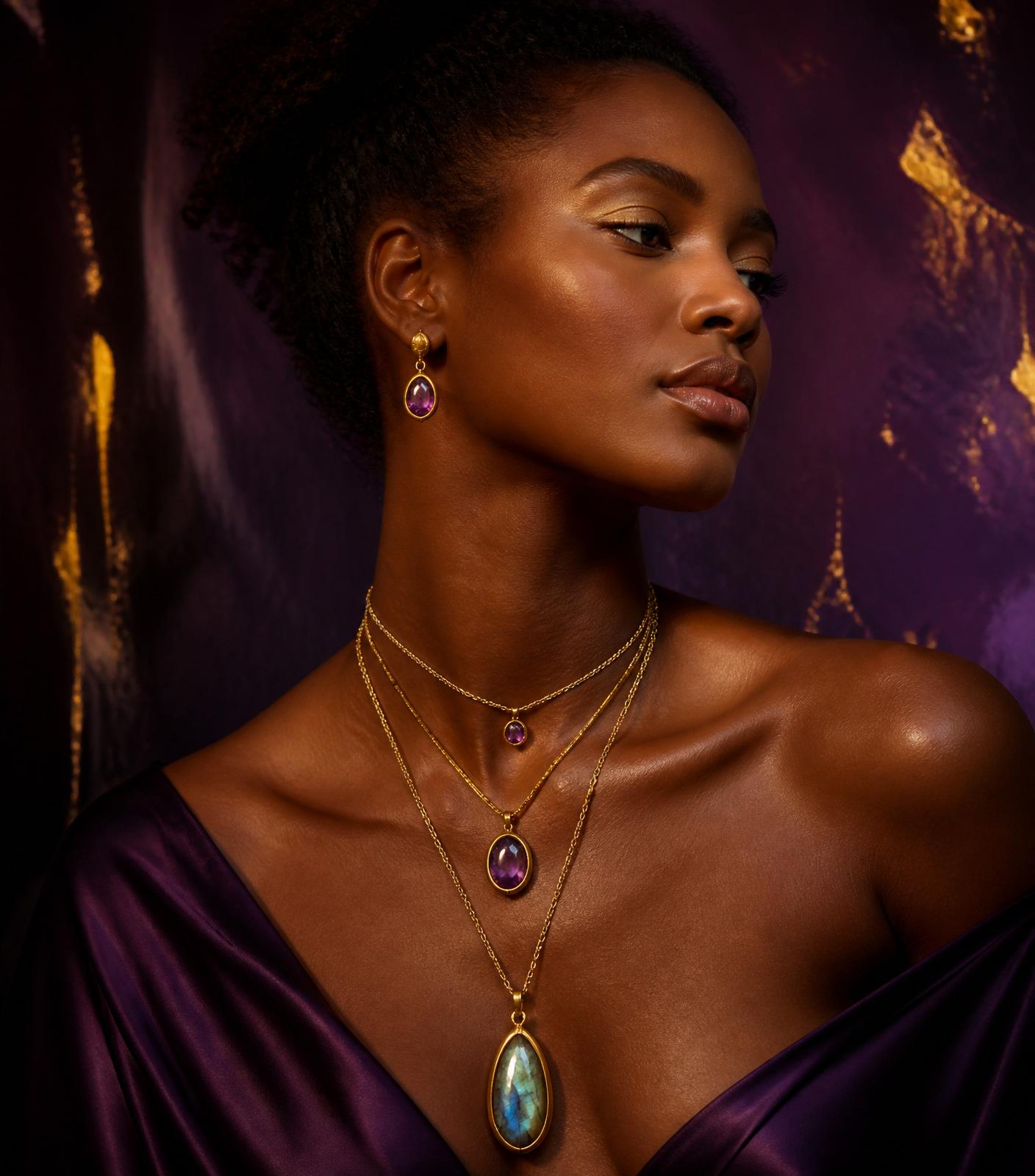 Venezian goddess wearing layered gold and amethyst jewellery